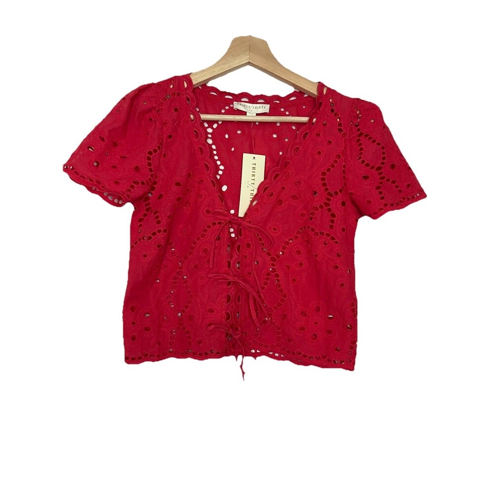Women's Medium Red Short Sleeve Eyelet Tie Front Top Blouse Thirty Thirty LA